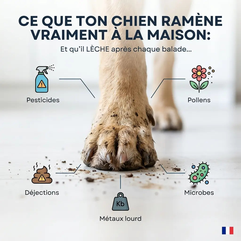 Chien sur le Tapis Hygiène SKWATOU à l'entrée — pattes propres et coussinets protégés après la balade