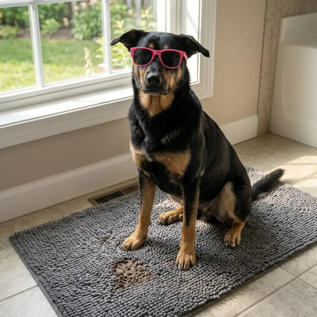 Chien noir avec lunettes roses assis sur le tapis Skwat clean™ gris à l'entrée d'une maison — tapis hygiène pattes microfibre chenille antidérapant SKWATOU