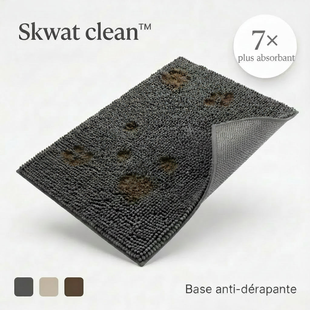 Vue de dessus du tapis Skwat clean™ gris anthracite 50x80 cm — microfibre chenille Coral Fleece absorbant jusqu'à 7 fois son poids, idéal retour de balade chien et chat