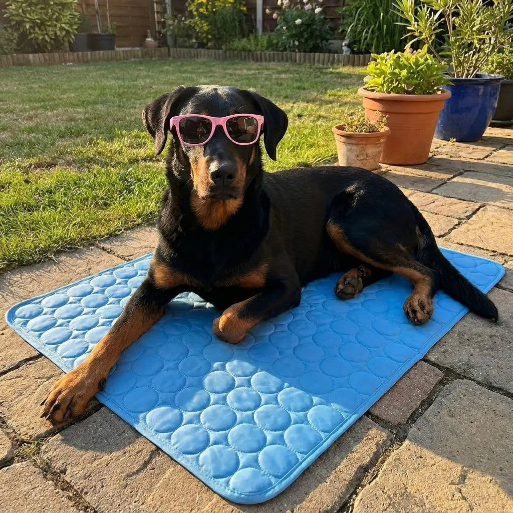 Rottweiler avec lunettes roses allongé sur tapis rafraîchissant bleu SKWATOU en jardin