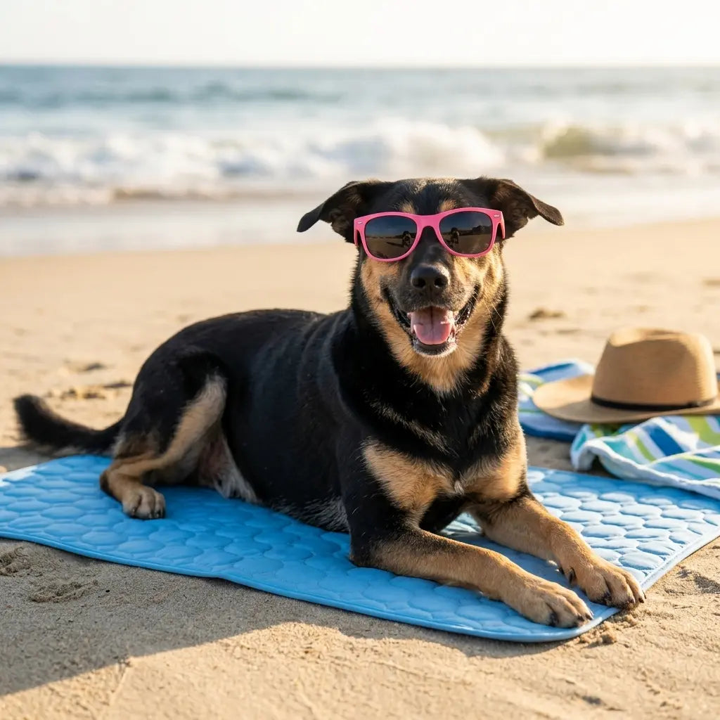 Tapis rafraîchissant SKWAT FRESH déplié au sol, accessoire anti-chaleur d'été pour chien et chat