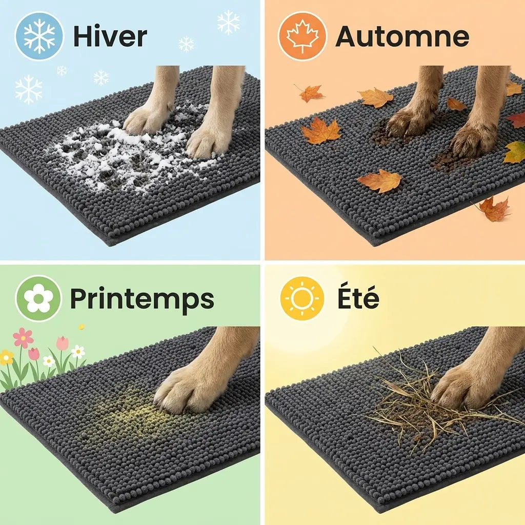 Pattes de chien en gros plan sur le tapis Skwat clean™ — fibres chenille Coral Fleece haute densité qui absorbent la boue et les résidus entre les coussinets
