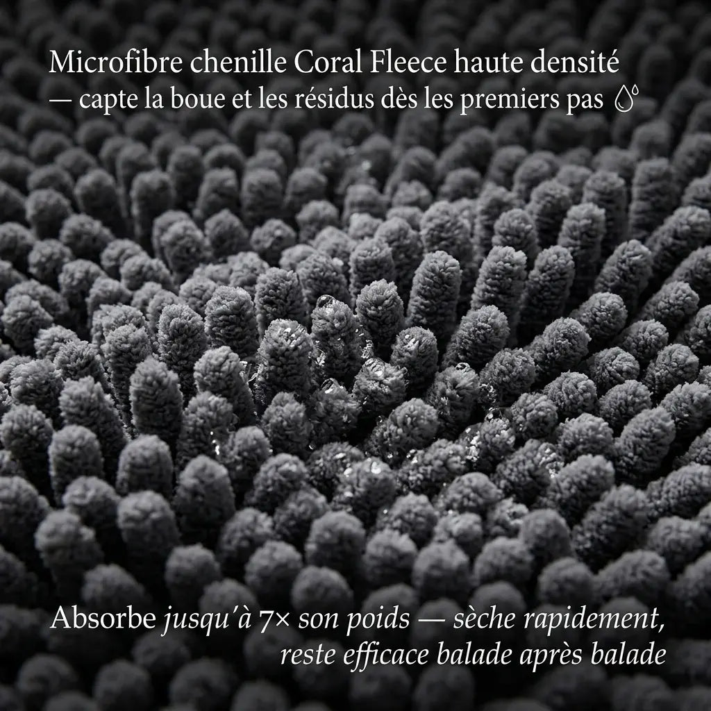 Tapis Skwat clean™ SKWATOU posé à l'entrée d'un appartement — base antidérapante TPR, lavable en machine à 30°C, protection coussinets 4 saisons