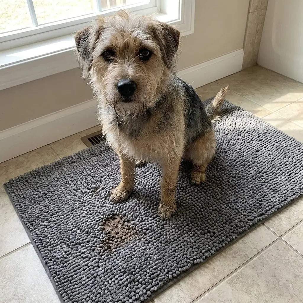 Base antidérapante TPR du tapis SKWATOU — reste en place même quand le chien s'agite