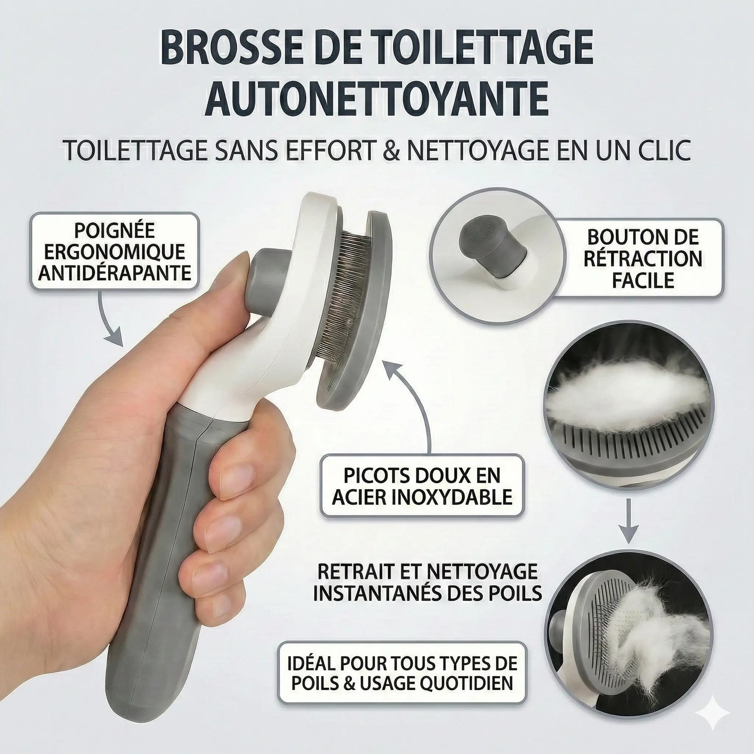 Brosse Anti-Poils chien et chat - Nettoyage rapide