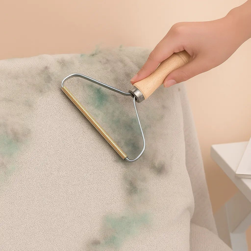 Brosse épilateur anti-poils avec manche en bois utilisée pour enlever les poils d’animaux sur un tissu