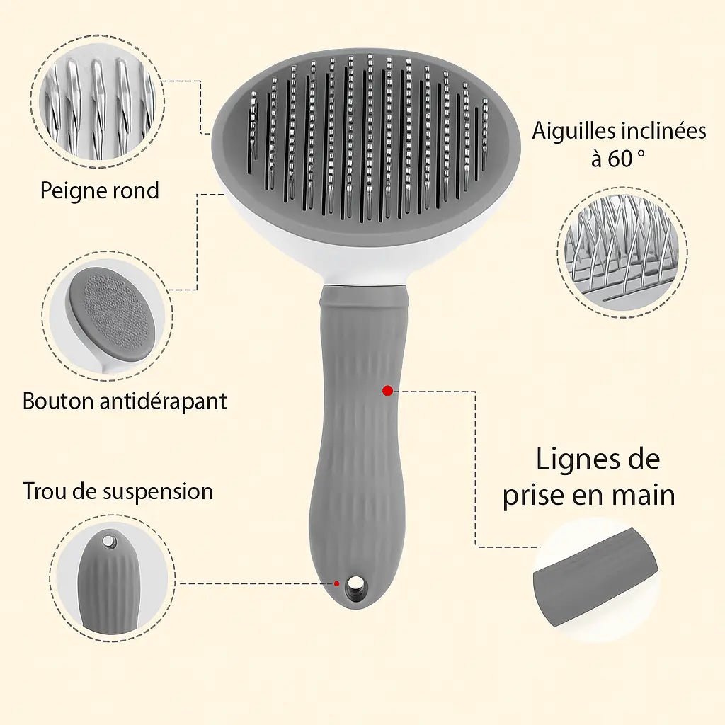 Brosse pour chien et chat avec poignée antidérapante, peigne rond et aiguilles inclinées pour un brossage doux et efficace


