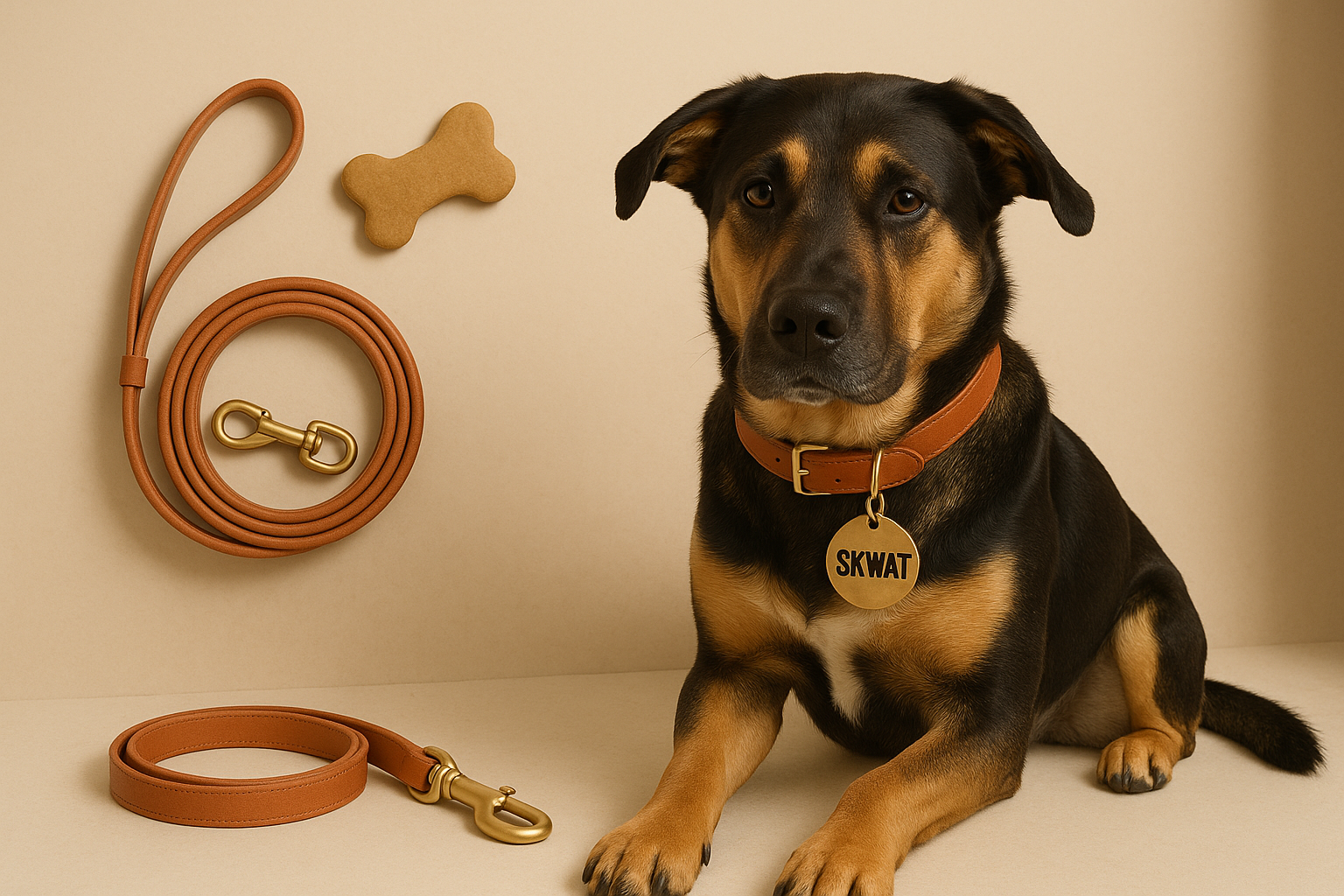 Chien assis avec un collier personnalisé "SKWAT", une laisse en cuir et un biscuit en forme d’os, sur fond beige – photo pour boutique d’accessoires pour chiens