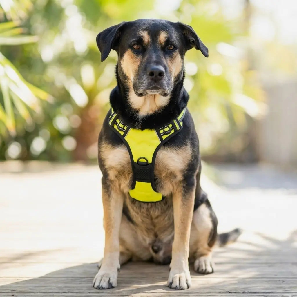 Chien noir et marron portant un harnais de sécurité jaune fluo, assis sur une terrasse en bois avec des plantes vertes en arrière-plan