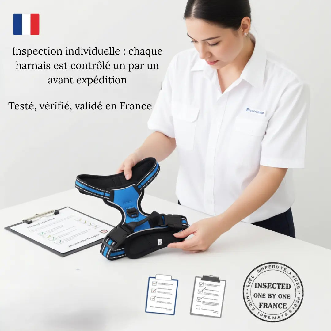 Employée contrôlant un harnais anti-traction bleu Skwatou sur une table blanche, illustrant l’inspection manuelle et le contrôle qualité effectué un par un en France avant expédition