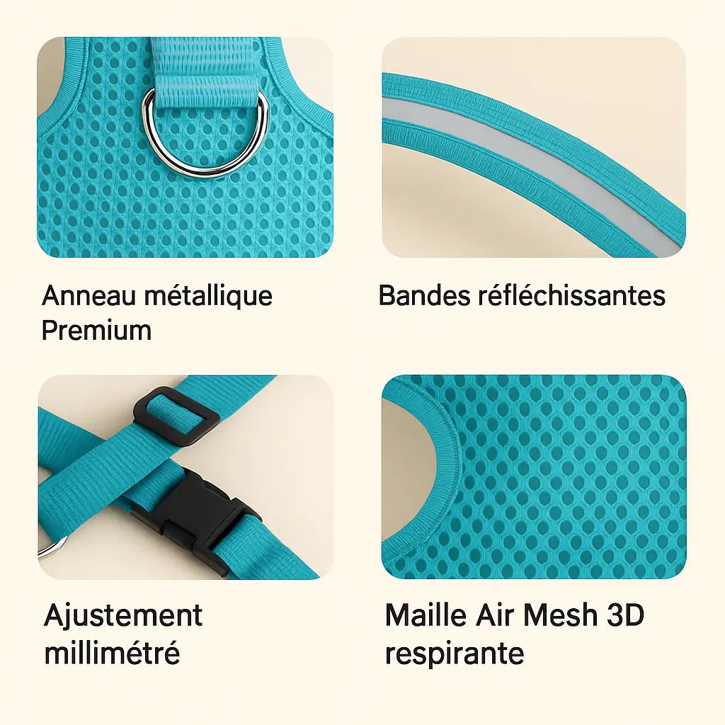 harnais pour chien marron avec attache robuste, réglages précis, tissu respirant et bande réfléchissante pour plus de sécurité