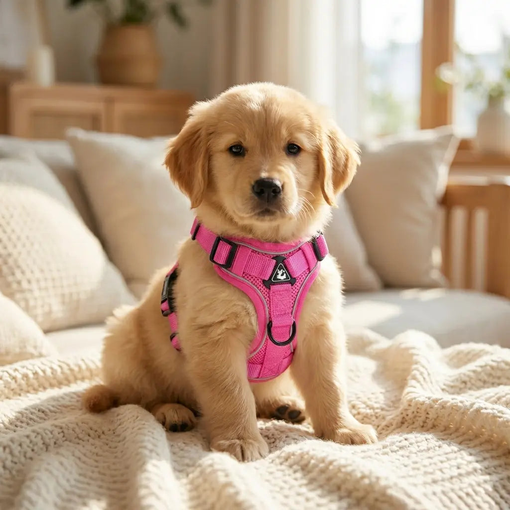 Chiot Golden Retriever portant un harnais rose confortable, idéal pour la promenade