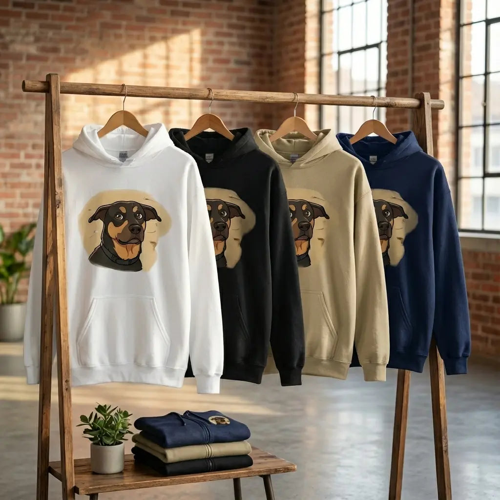 Hoodies unisexes de différents coloris avec une illustration de chien en style dessin animé, suspendus sur un portant en bois dans un studio lumineux en briques