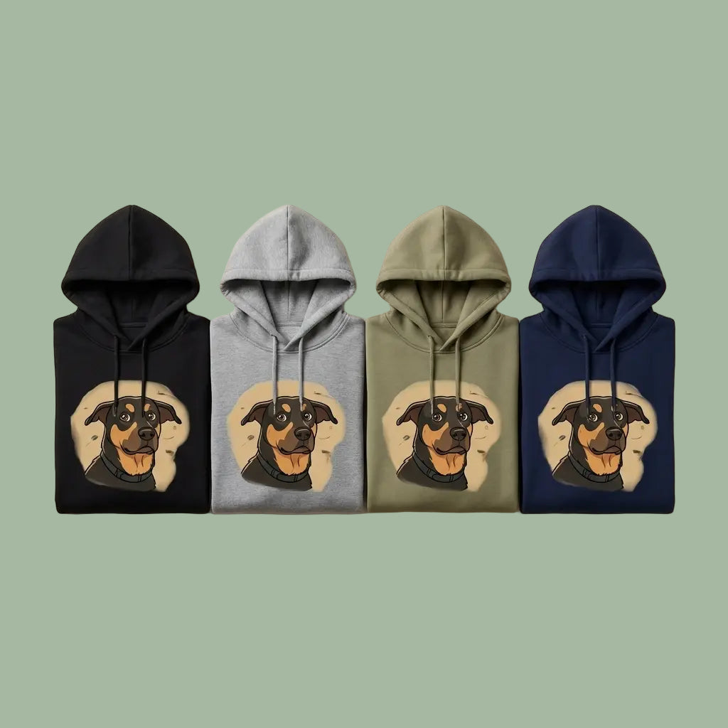 Quatre hoodies unisexes de différents coloris avec une illustration de chien en style dessin animé alignés sur un fond vert