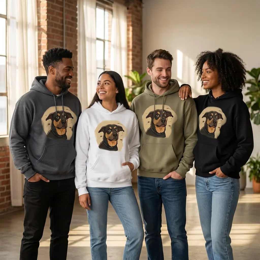 Groupe de personnes portant des hoodies unisexes de différents coloris avec une illustration de chien en style dessin animé, posant dans un studio lumineux