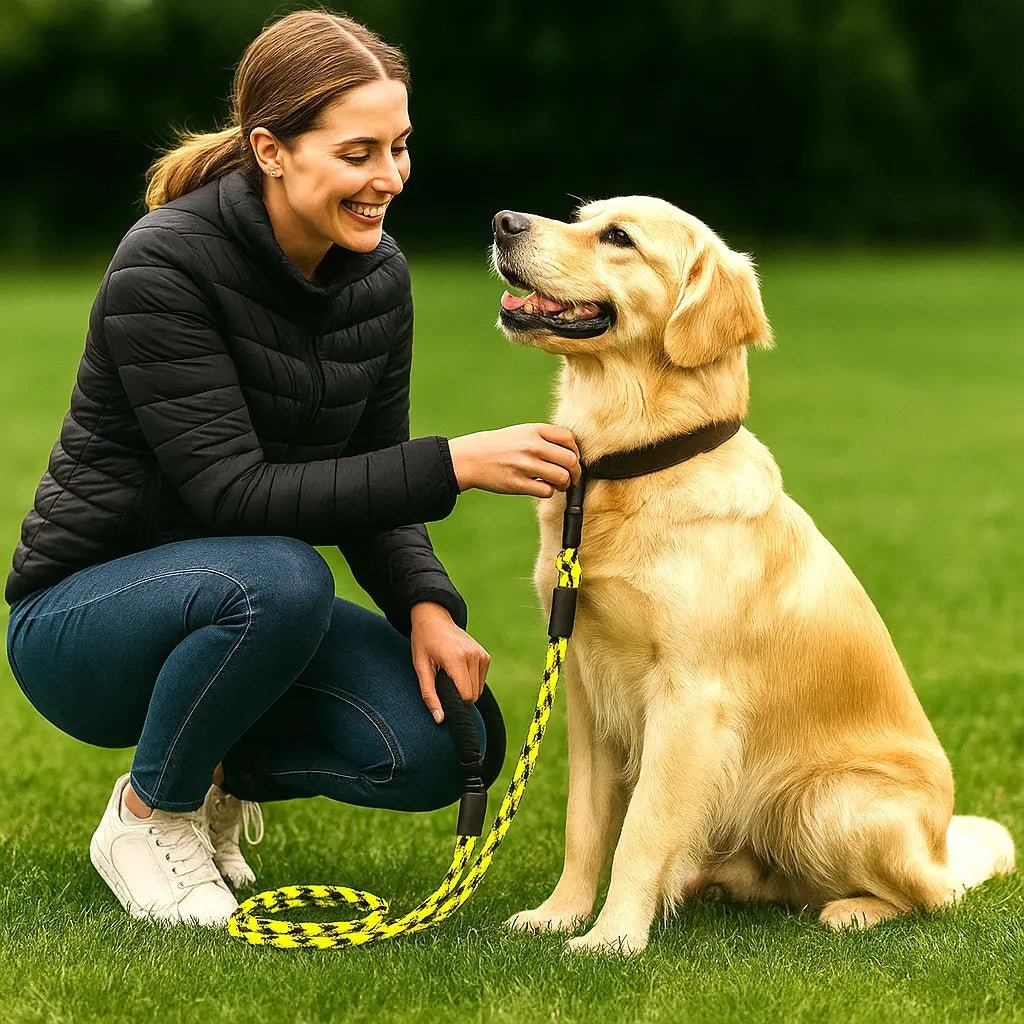 Femme souriante tenant un chien labrador avec une laisse jaune et noire de 2 mètres dans un parc