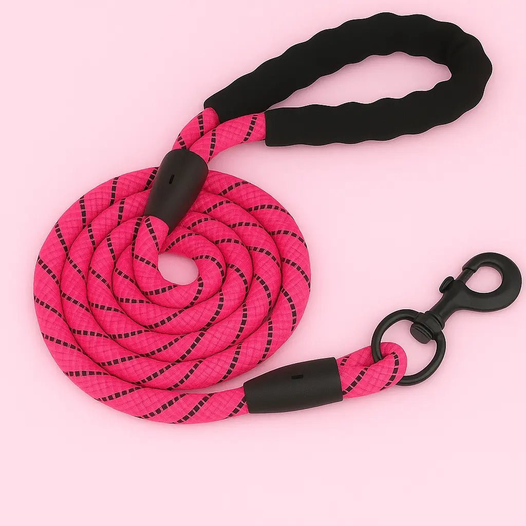 Laisse rose fluo pour chien 2 mètres avec corde réfléchissante et poignée douce

