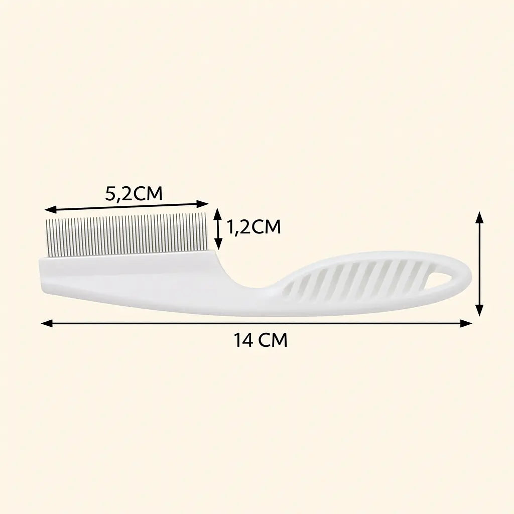 Dimensions du peigne anti-puces blanc pour chiens et chats : 14 cm de long, 5,2 cm de tête