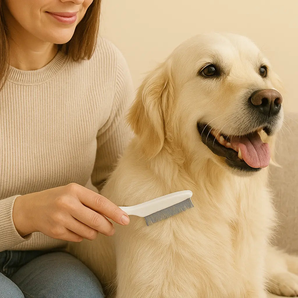 Femme utilisant un peigne anti-puces sur un chien Golden Retriever heureux