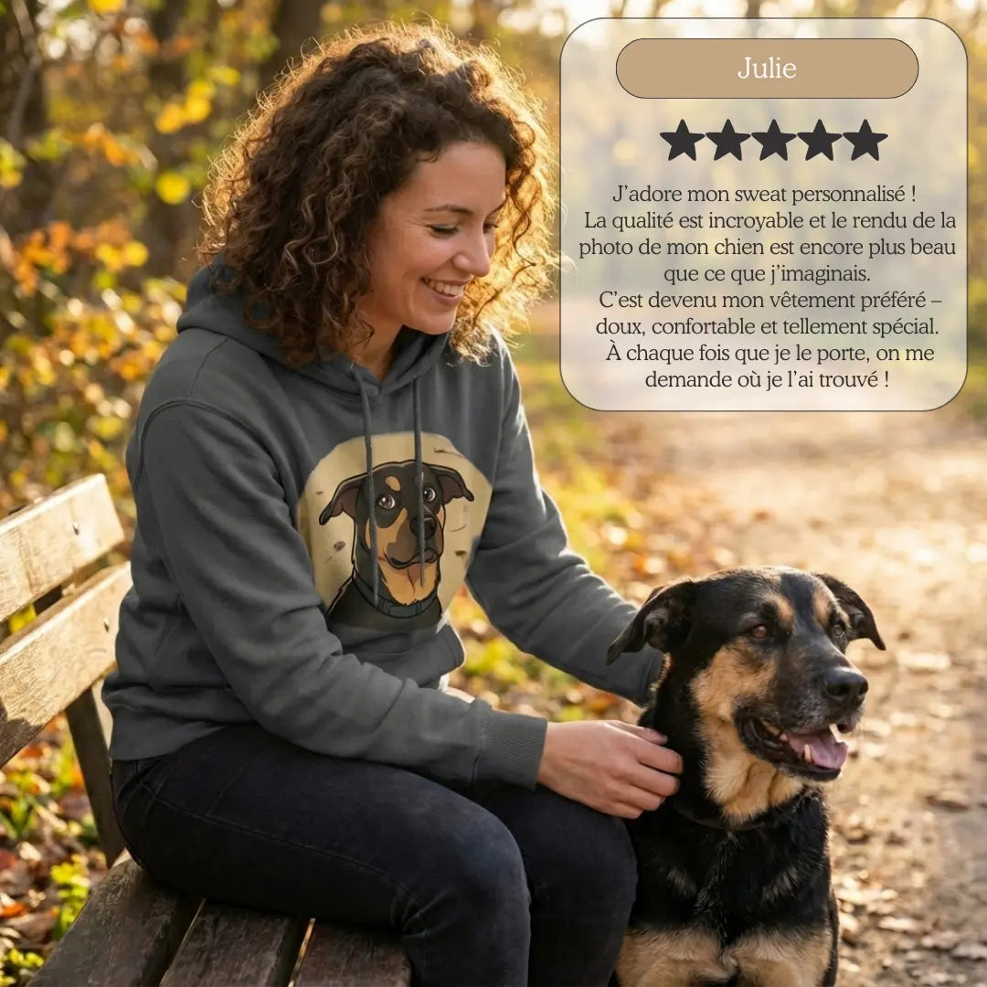 Femme portant un sweat personnalisé avec la photo de son chien, assise sur un banc avec son animal, témoignage client positif